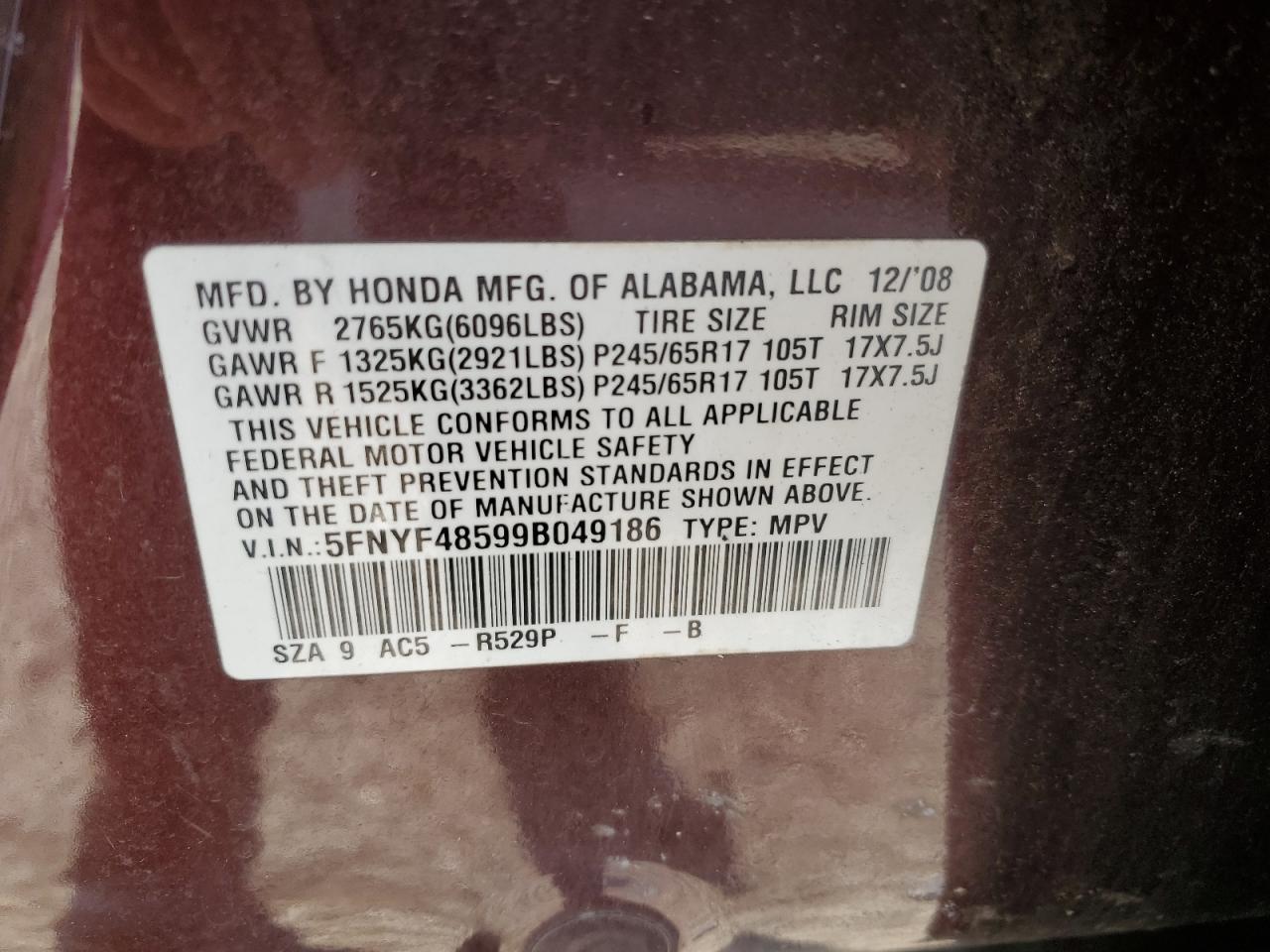 2009 Honda Pilot Exl VIN: 5FNYF48599B049186 Lot: 87017234