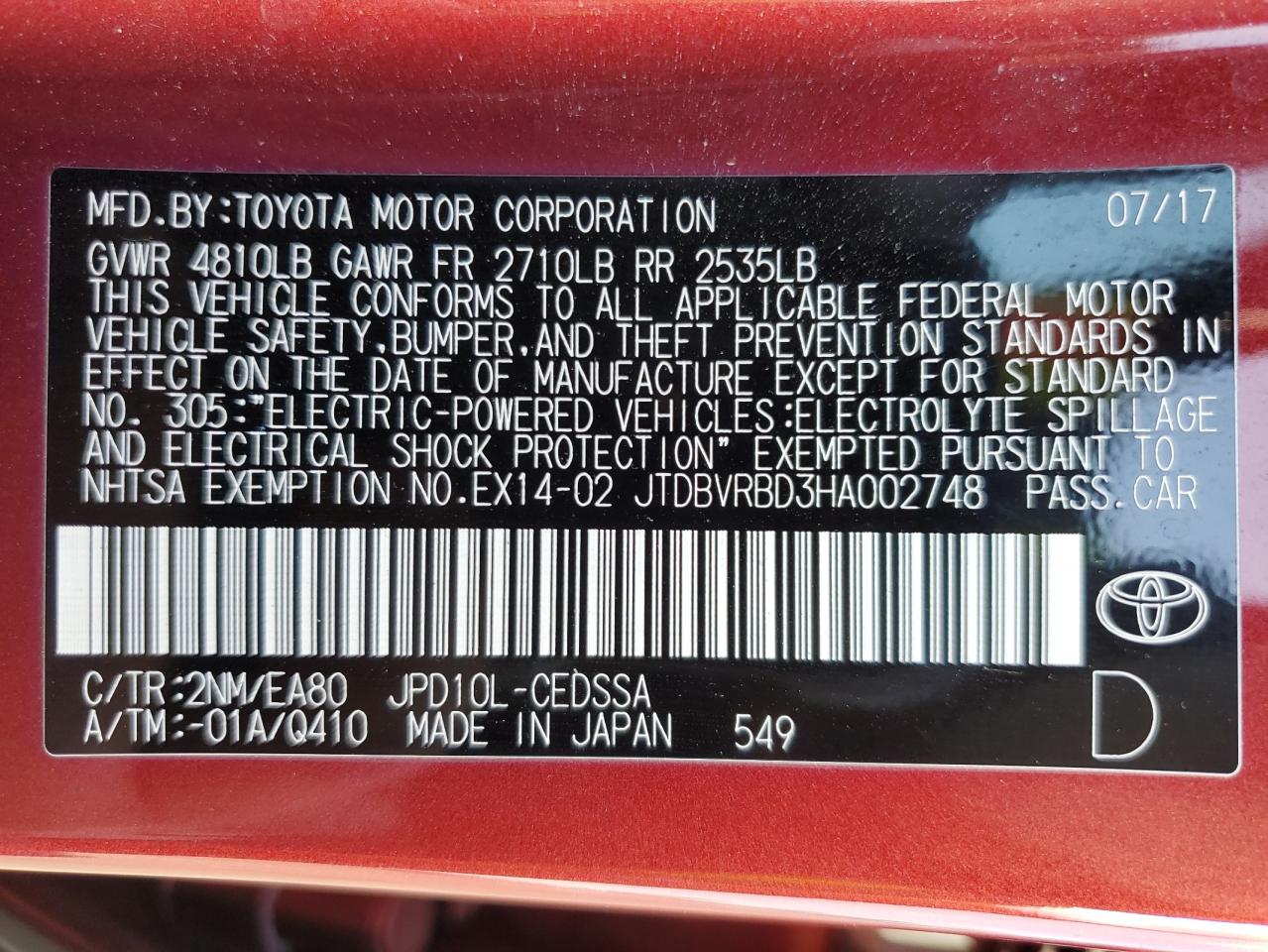 VIN JTDBVRBD3HA002748 2017 TOYOTA MIRAI no.12