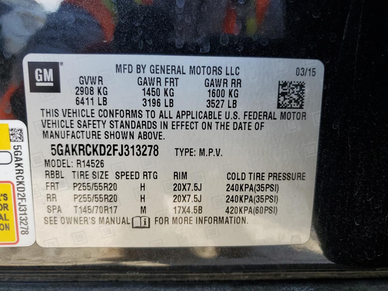 VIN 5GAKRCKD2FJ313278 2015 BUICK ENCLAVE no.13