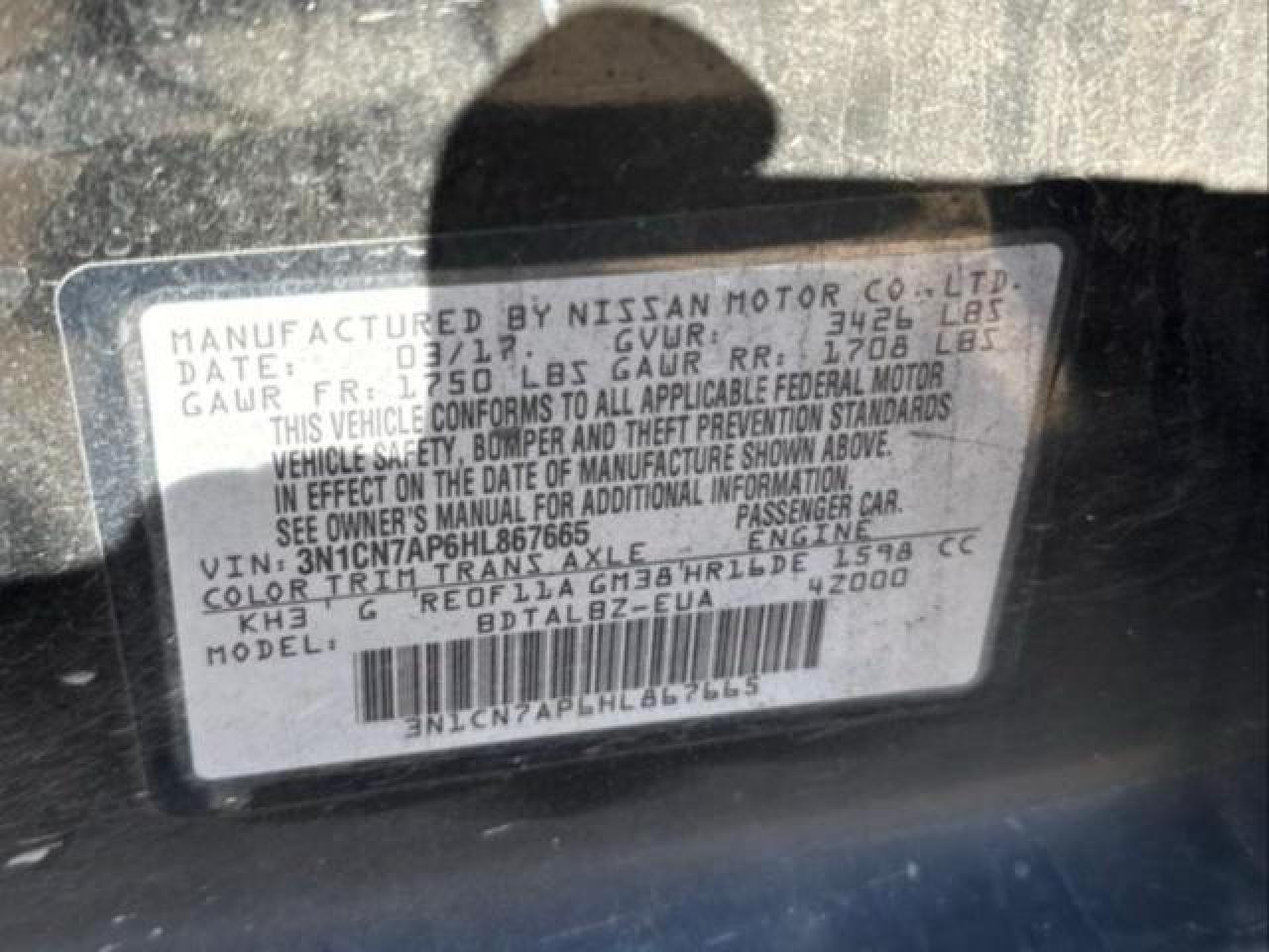 VIN 3N1CN7AP6HL867665 2017 NISSAN VERSA no.10