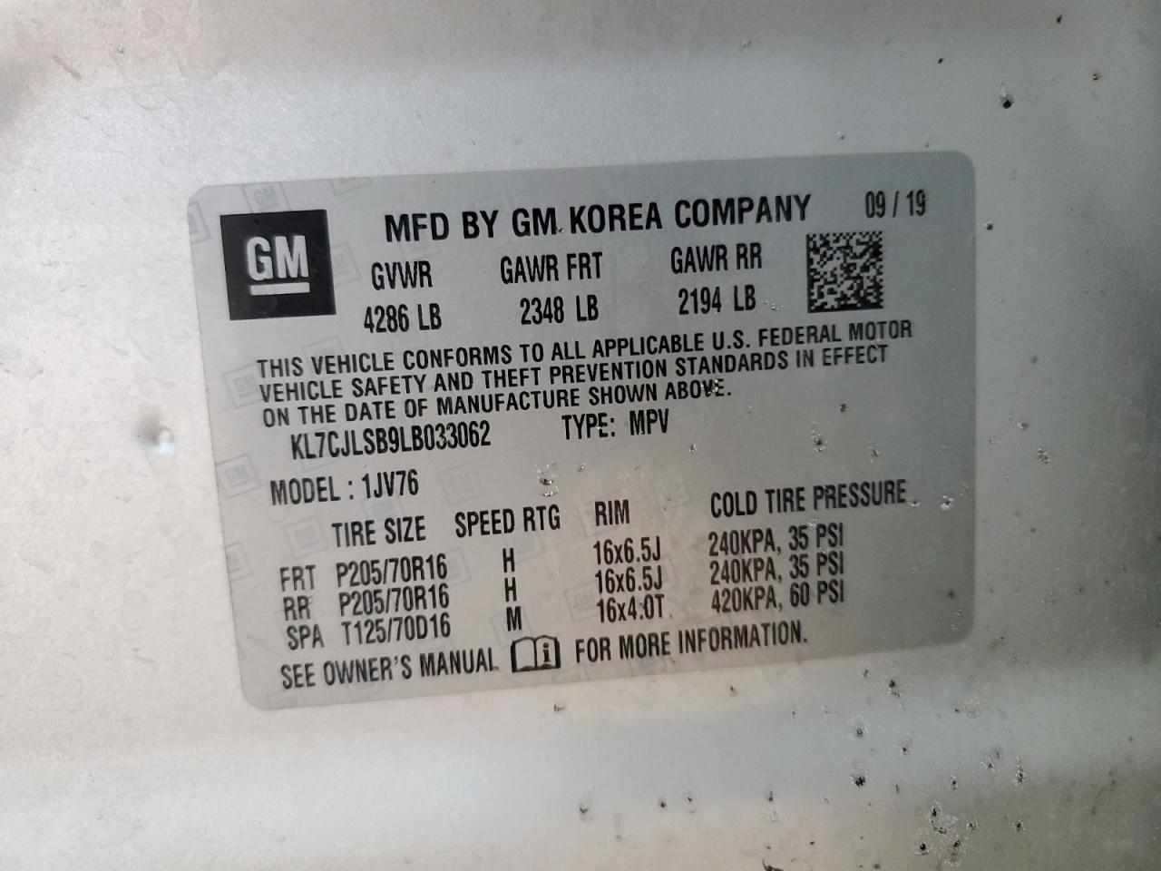 2020 Chevrolet Trax 1Lt VIN: KL7CJLSB9LB033062 Lot: 88090705