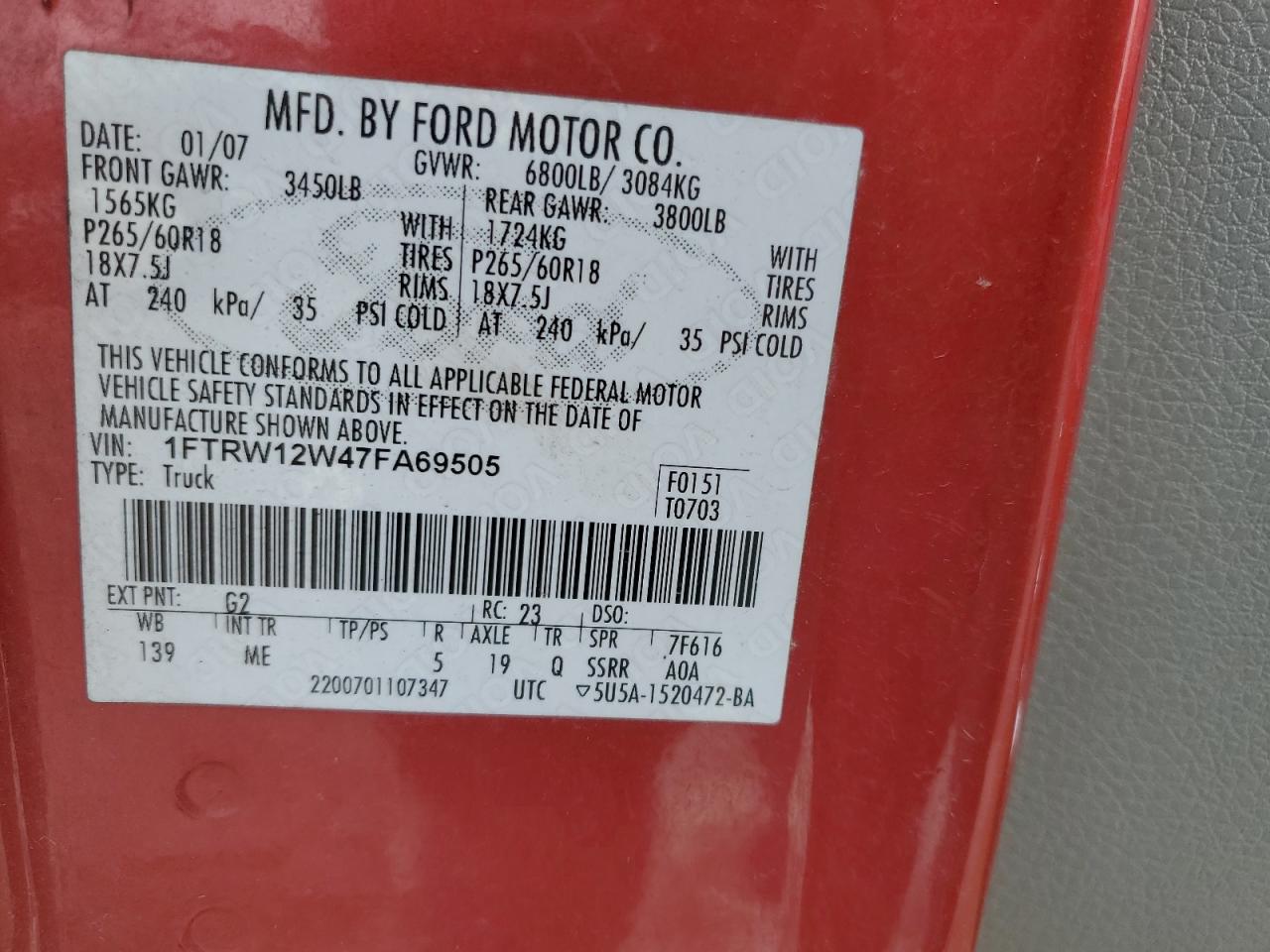 2007 Ford F150 Supercrew VIN: 1FTRW12W47FA69505 Lot: 43162375