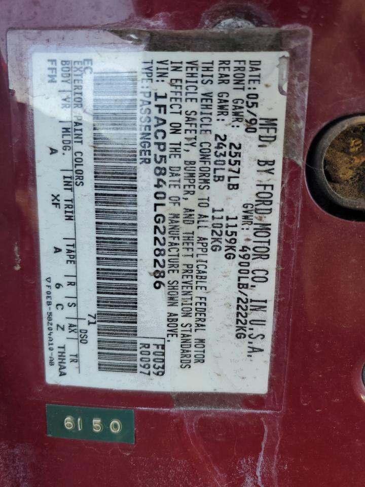 1990 Ford Taurus Lx VIN: 1FACP5840LG228286 Lot: 88076195