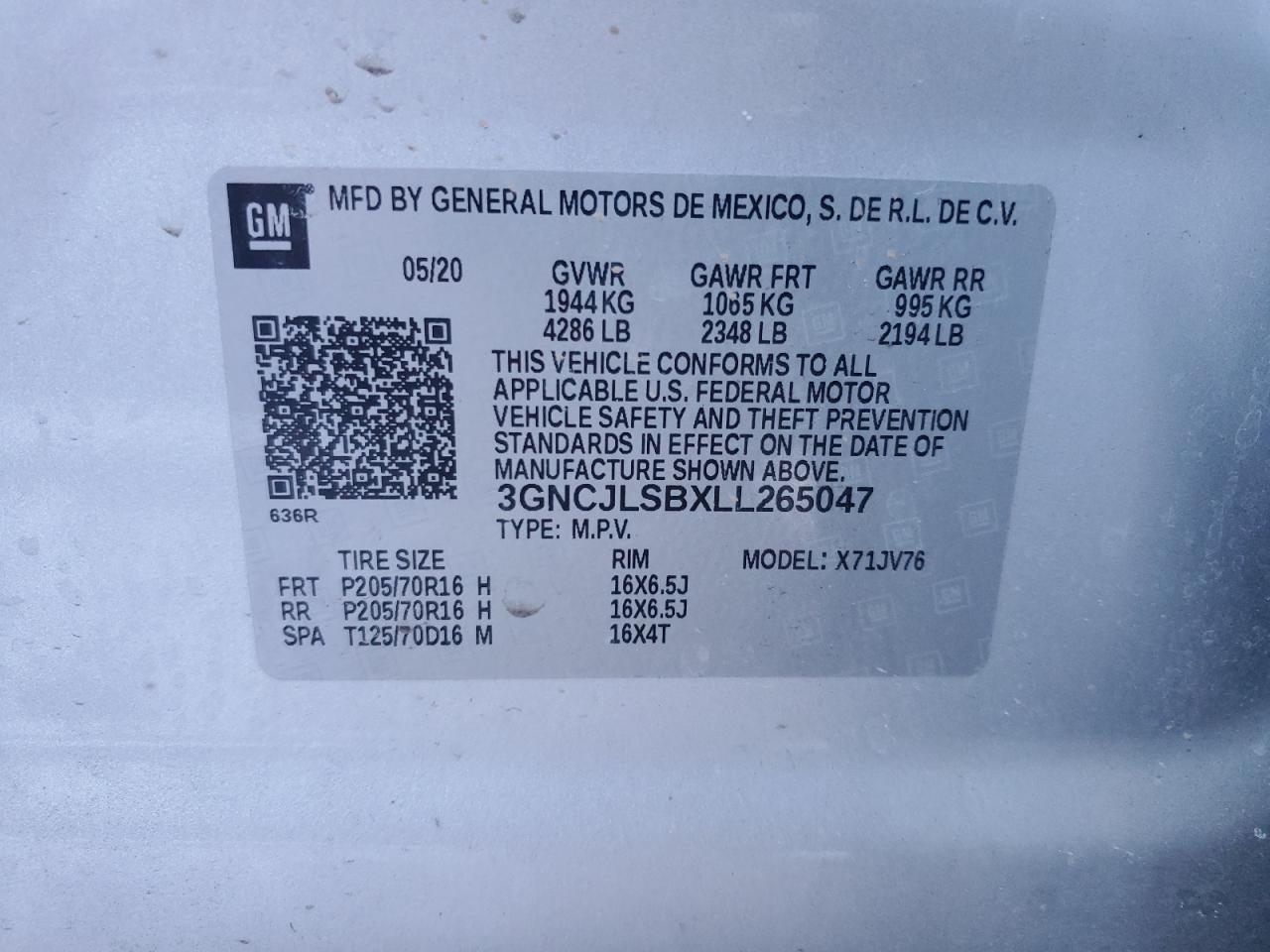 2020 Chevrolet Trax 1Lt VIN: 3GNCJLSBXLL265047 Lot: 88422235