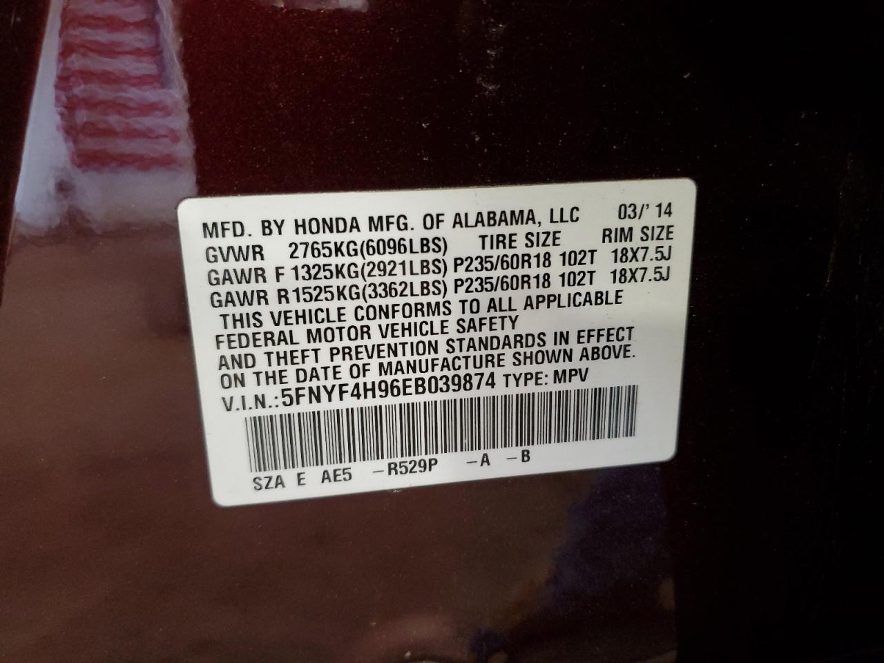 VIN 5FNYF4H96EB039874 2014 HONDA PILOT no.14