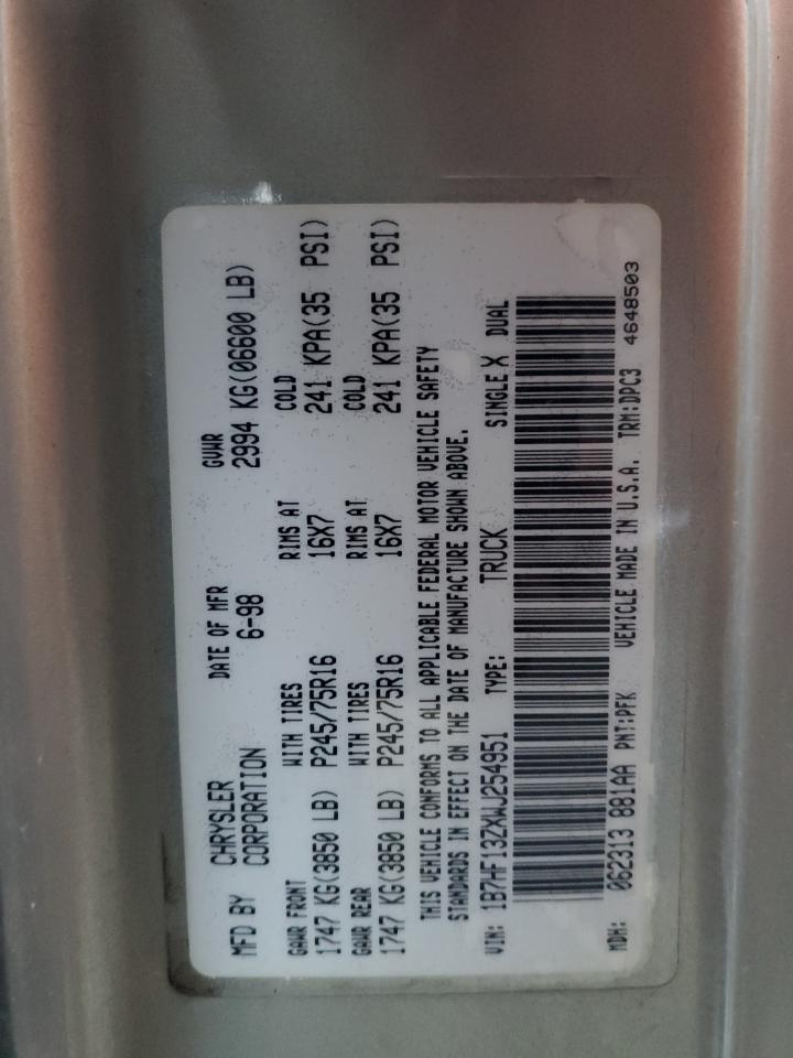 1998 Dodge Ram 1500 VIN: 1B7HF13ZXWJ254951 Lot: 73293874