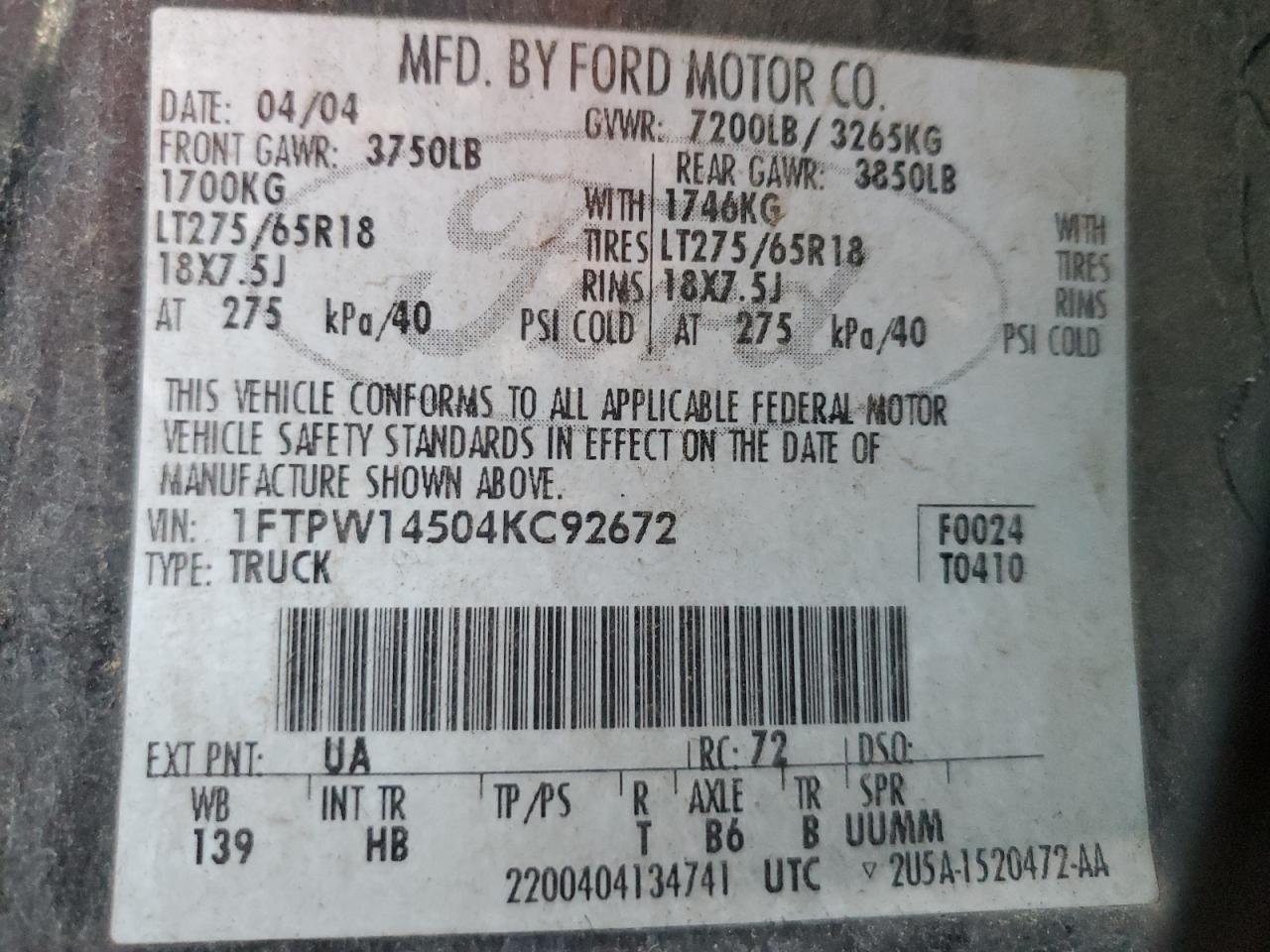 2004 Ford F150 Supercrew VIN: 1FTPW14504KC92672 Lot: 88692915