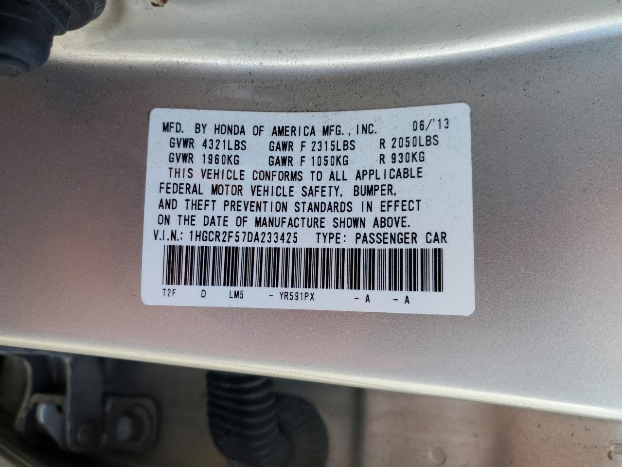 VIN 1HGCR2F57DA233425 2013 HONDA ACCORD no.12