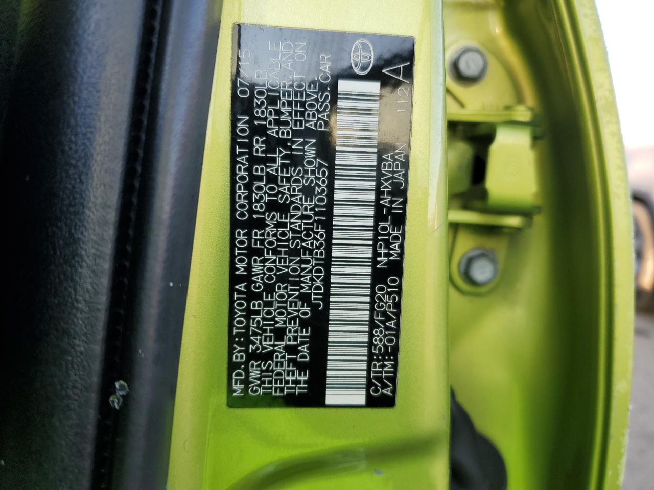 2015 Toyota Prius C VIN: JTDKDTB36F1103657 Lot: 42410295