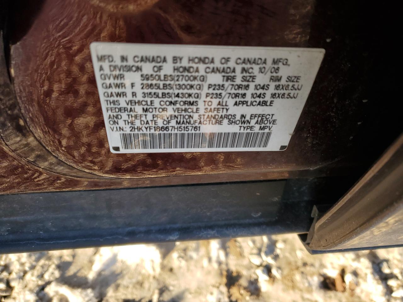 2007 Honda Pilot Exl VIN: 2HKYF18667H515761 Lot: 89195825