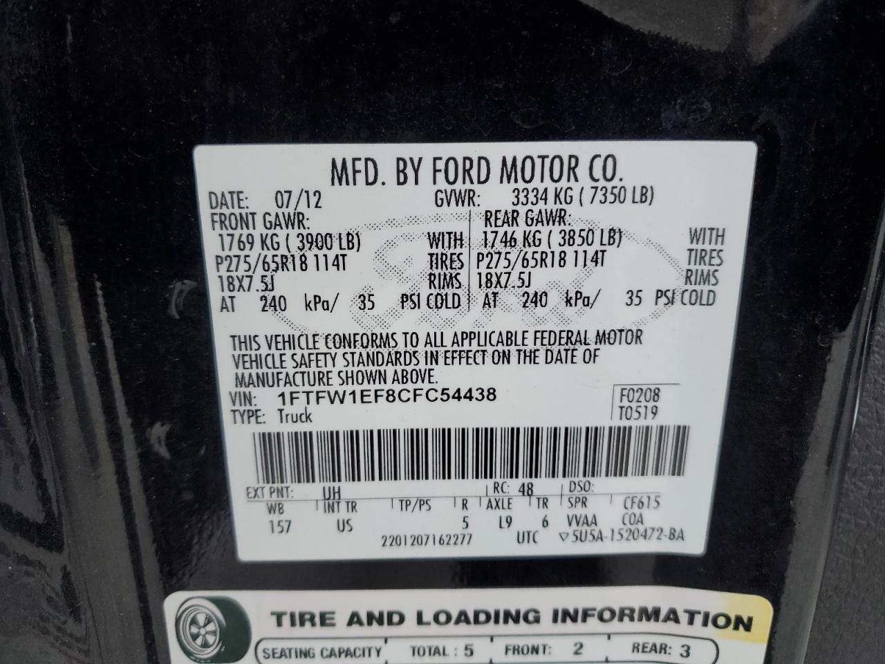 2012 Ford F150 Supercrew VIN: 1FTFW1EF8CFC54438 Lot: 87915775