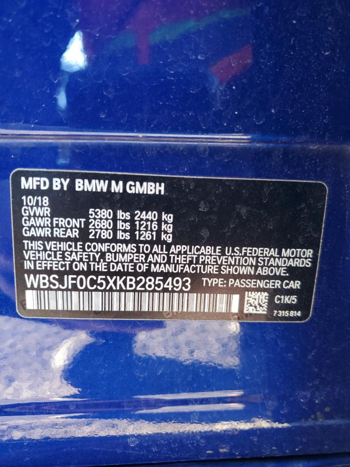 2019 BMW M5 VIN: WBSJF0C5XKB285493 Lot: 87696545