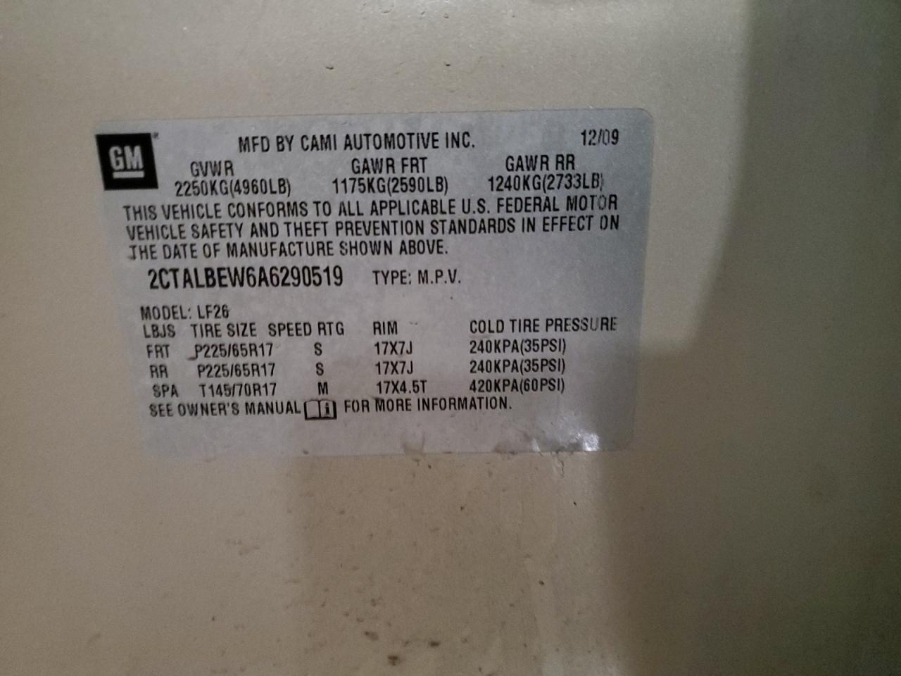 2010 GMC Terrain Sle VIN: 2CTALBEW6A6290519 Lot: 87380004