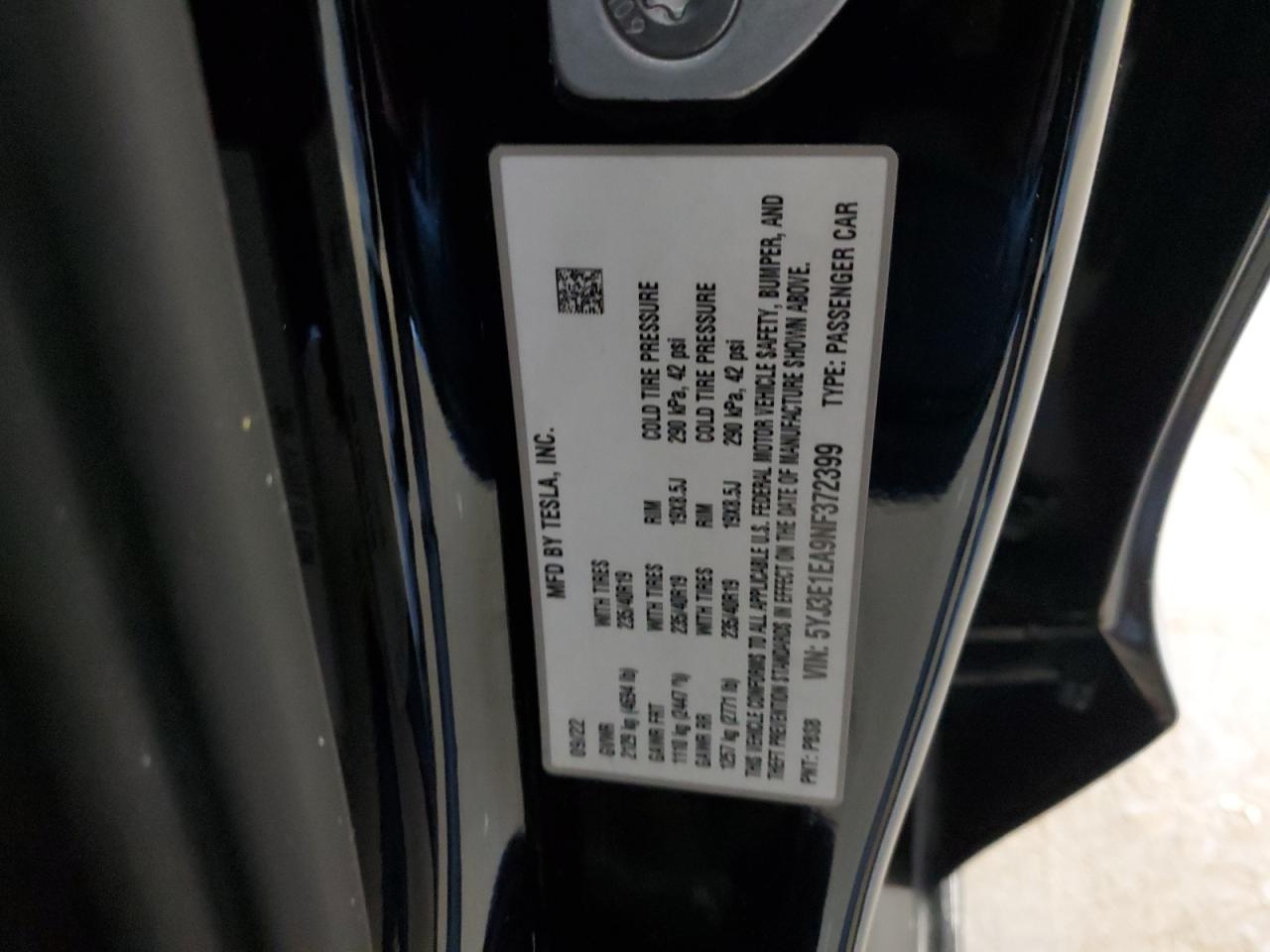 2022 Tesla Model 3 VIN: 5YJ3E1EA9NF372399 Lot: 88236385