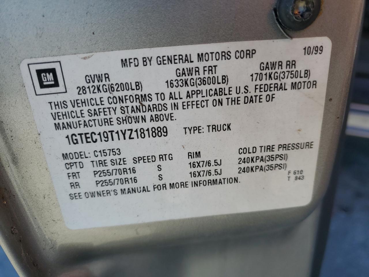 2000 GMC New Sierra C1500 VIN: 1GTEC19T1YZ181889 Lot: 89095505