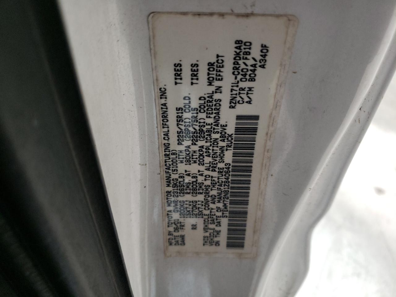 2001 Toyota Tacoma Xtracab VIN: 5TEWM72N81Z840643 Lot: 88148605