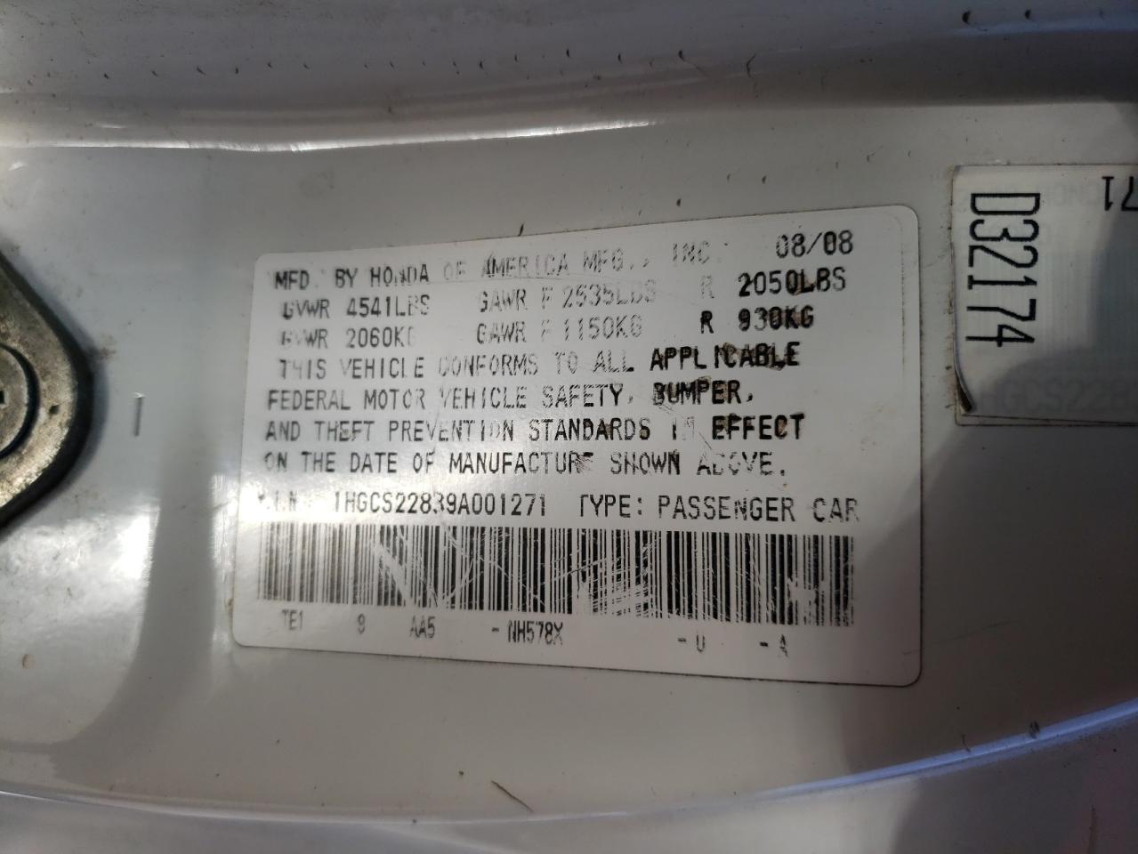 2009 Honda Accord Exl VIN: 1HGCS22839A001271 Lot: 87398214