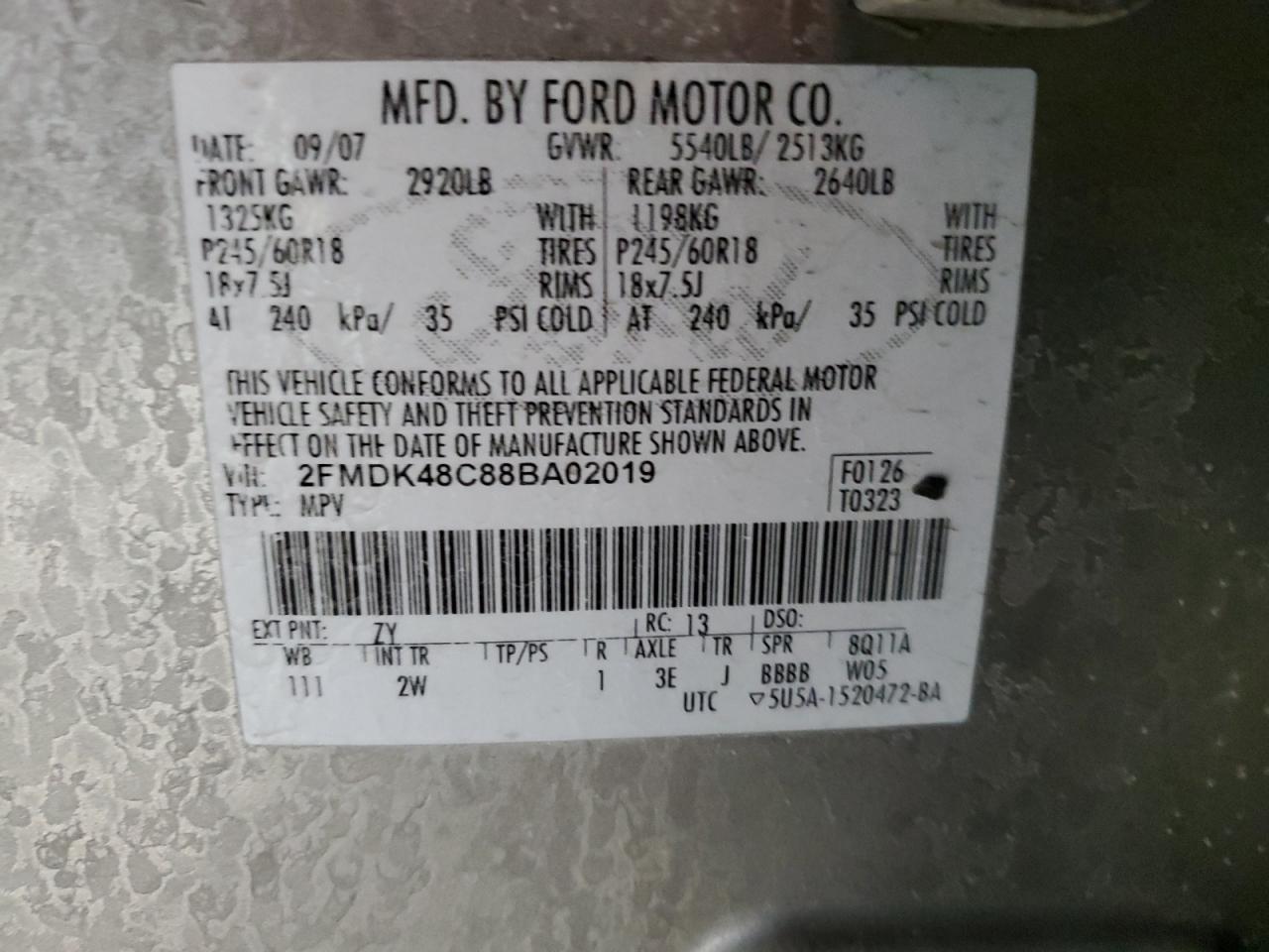 2008 Ford Edge Sel VIN: 2FMDK48C88BA02019 Lot: 87766095