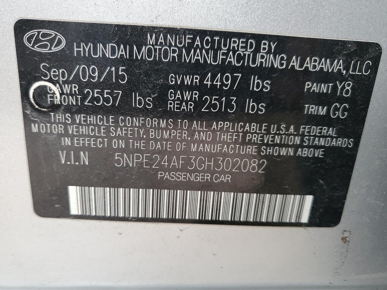 VIN 5NPE24AF3GH302082 2016 HYUNDAI SONATA no.12