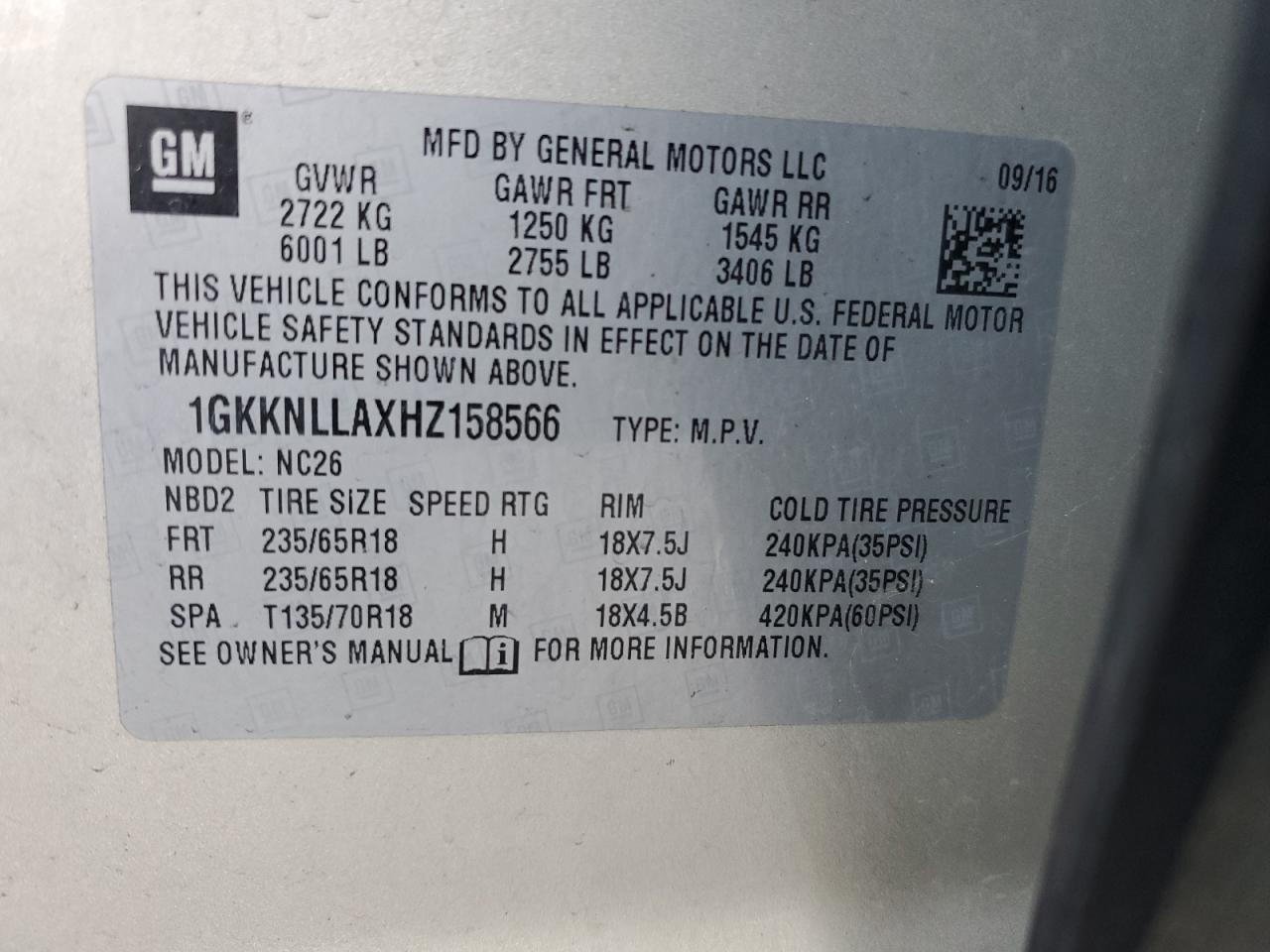 VIN 1GKKNLLAXHZ158566 2017 GMC ACADIA no.13