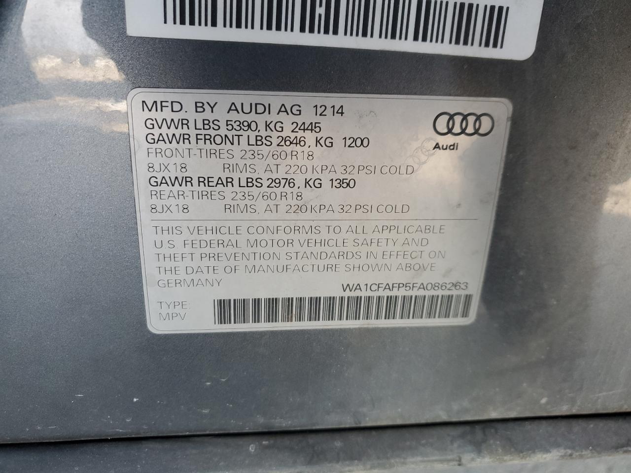 VIN WA1CFAFP5FA086263 2015 AUDI Q5 no.13