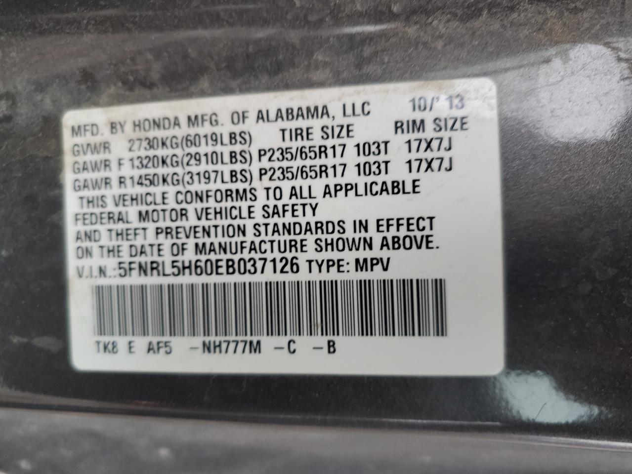 VIN 5FNRL5H60EB037126 2014 HONDA All Models no.13