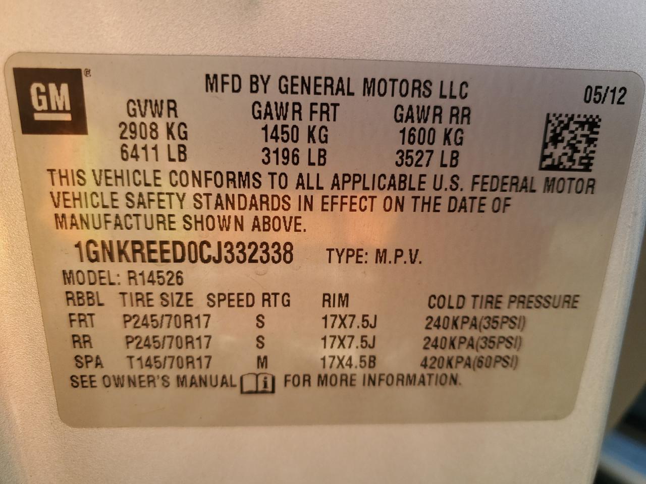 2012 Chevrolet Traverse Ls VIN: 1GNKREED0CJ332338 Lot: 88010065