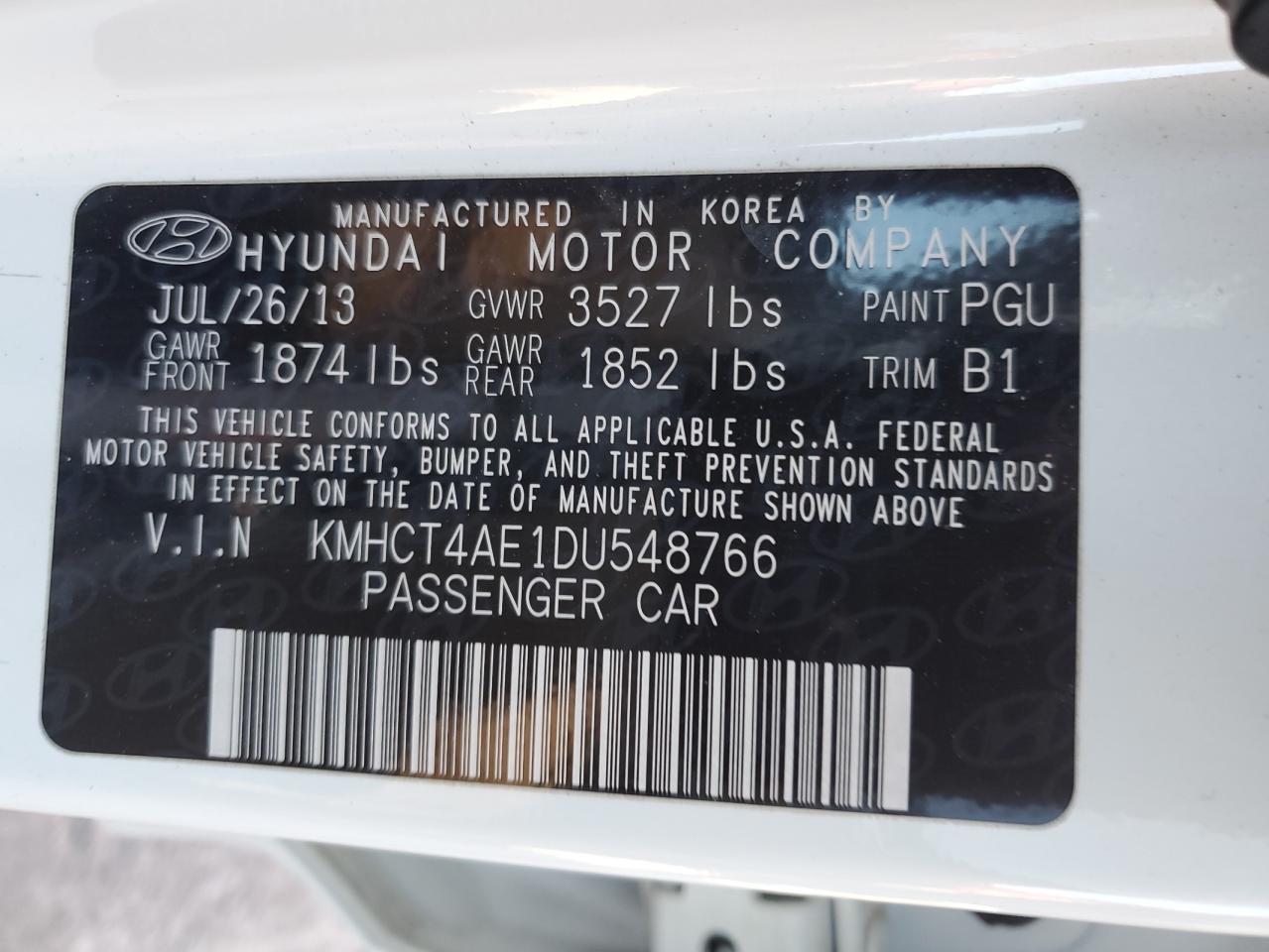 2013 Hyundai Accent Gls VIN: KMHCT4AE1DU548766 Lot: 89223295