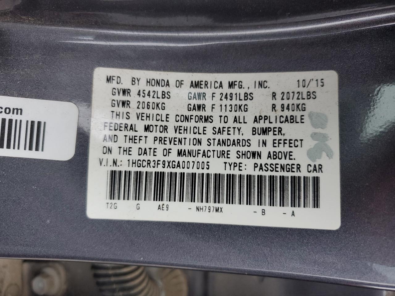 VIN 1HGCR3F9XGA007005 2016 HONDA ACCORD no.13