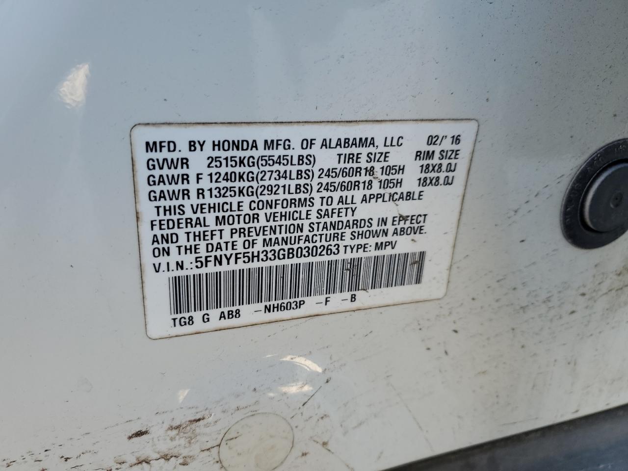 2016 Honda Pilot Ex VIN: 5FNYF5H33GB030263 Lot: 88032115