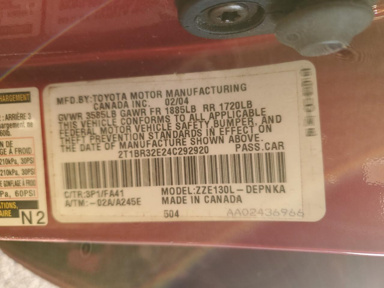 2t1br32e24c292920 2T1BR32E24C292920 2004 Toyota Corolla Ce