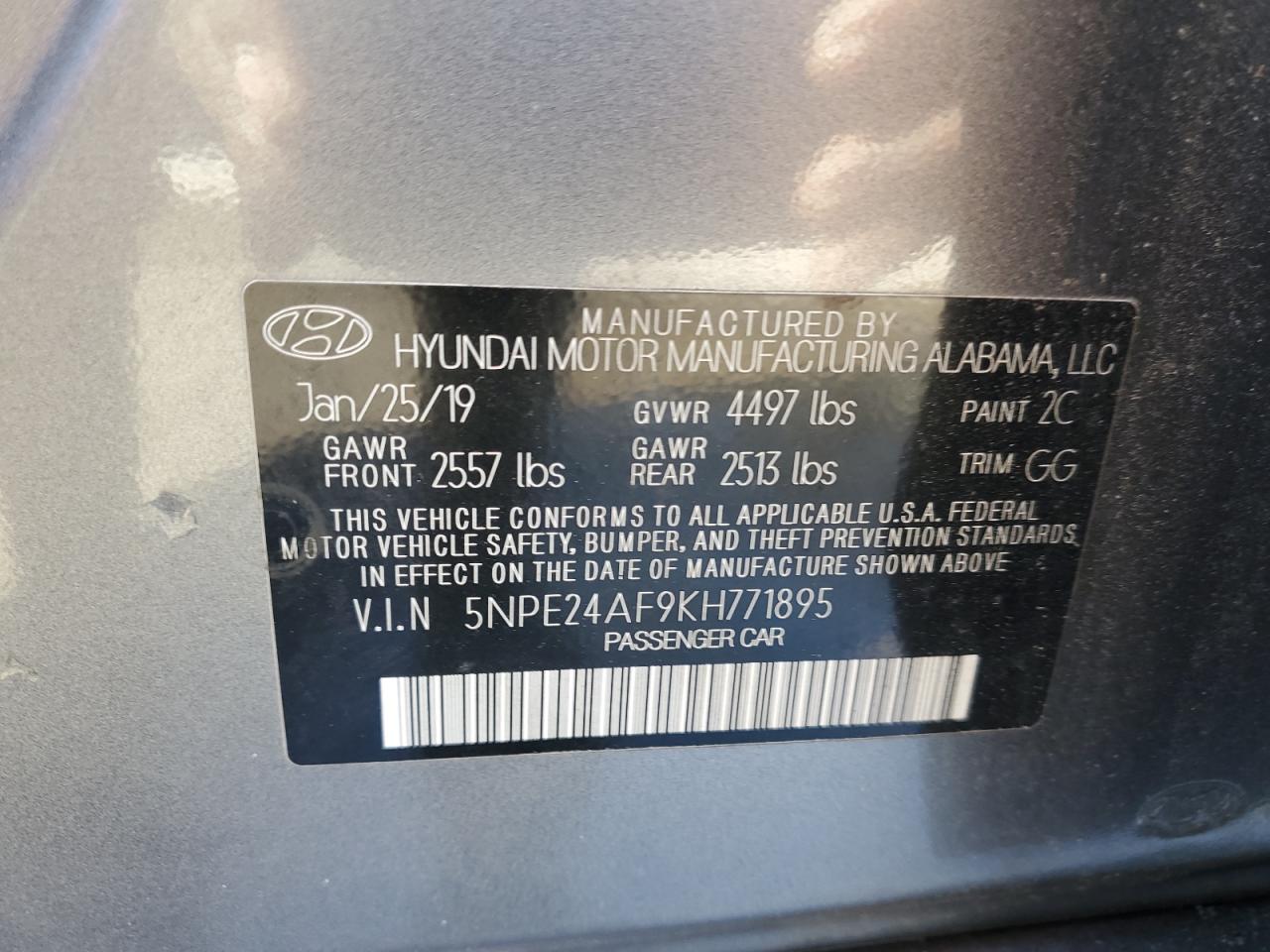 VIN 5NPE24AF9KH771895 2019 HYUNDAI SONATA no.12