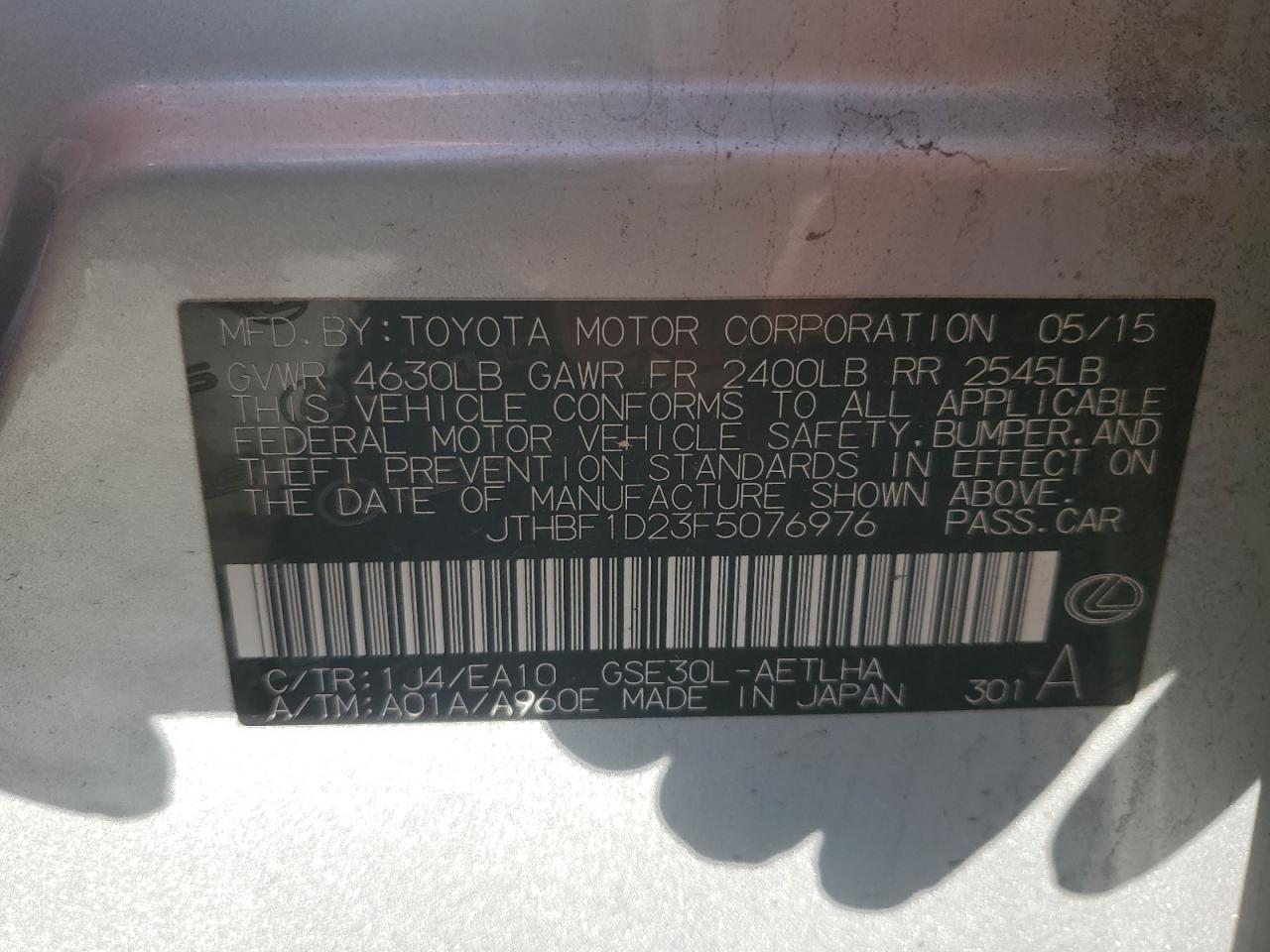 2015 Lexus Is 250 VIN: JTHBF1D23F5076976 Lot: 42803255