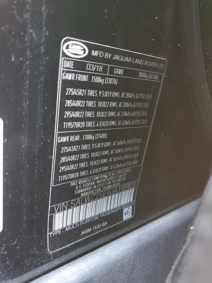 2018 Land Rover Range Rover Sport Svr VIN: SALWZ2SE6JA198429 Lot: 43245285