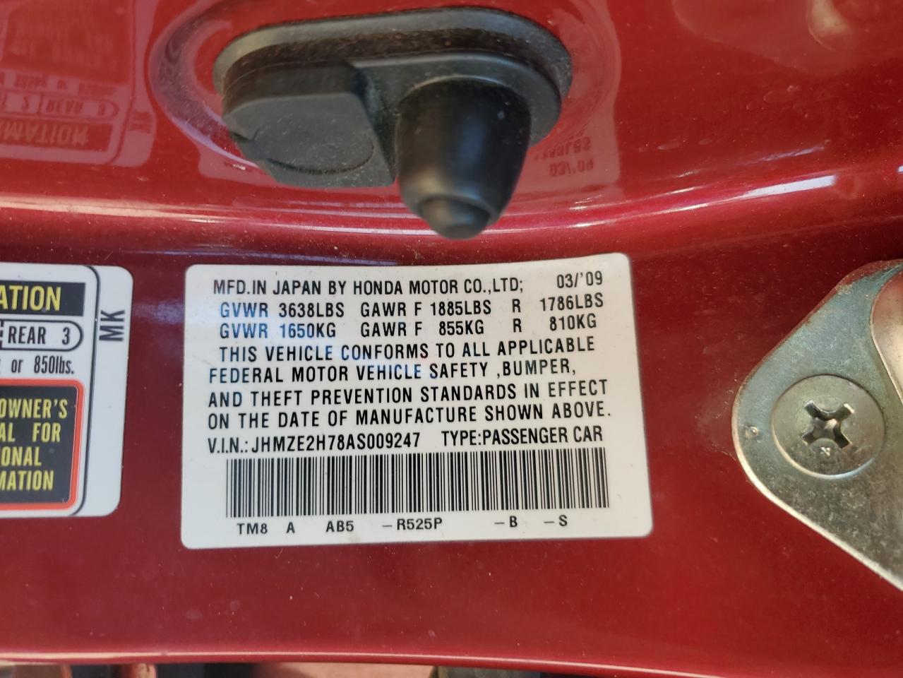 2010 Honda Insight Ex VIN: JHMZE2H78AS009247 Lot: 51447115