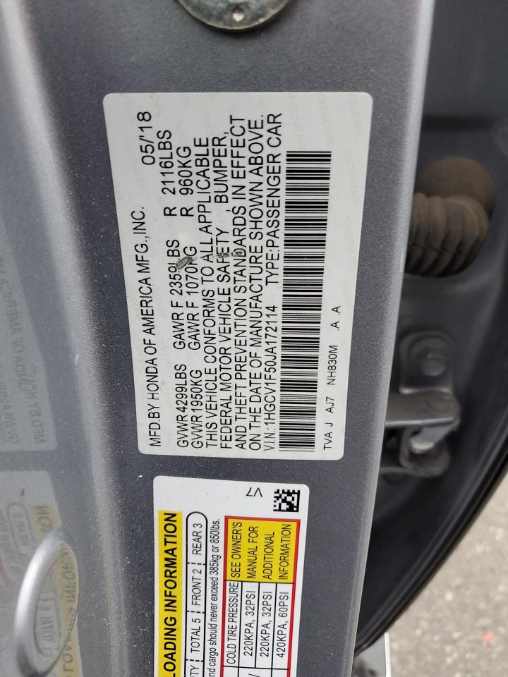 VIN 1HGCV1F50JA172114 2018 HONDA ACCORD no.12