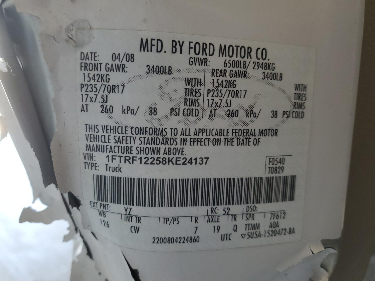 2008 Ford F150 VIN: 1FTRF12258KE24137 Lot: 87878805