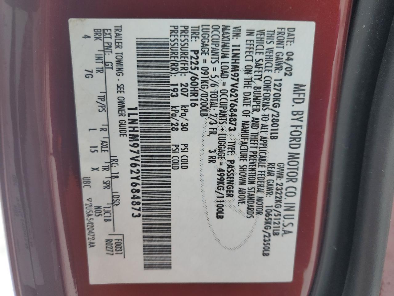 2002 Lincoln Continental VIN: 1LNHM97V62Y684873 Lot: 87602665