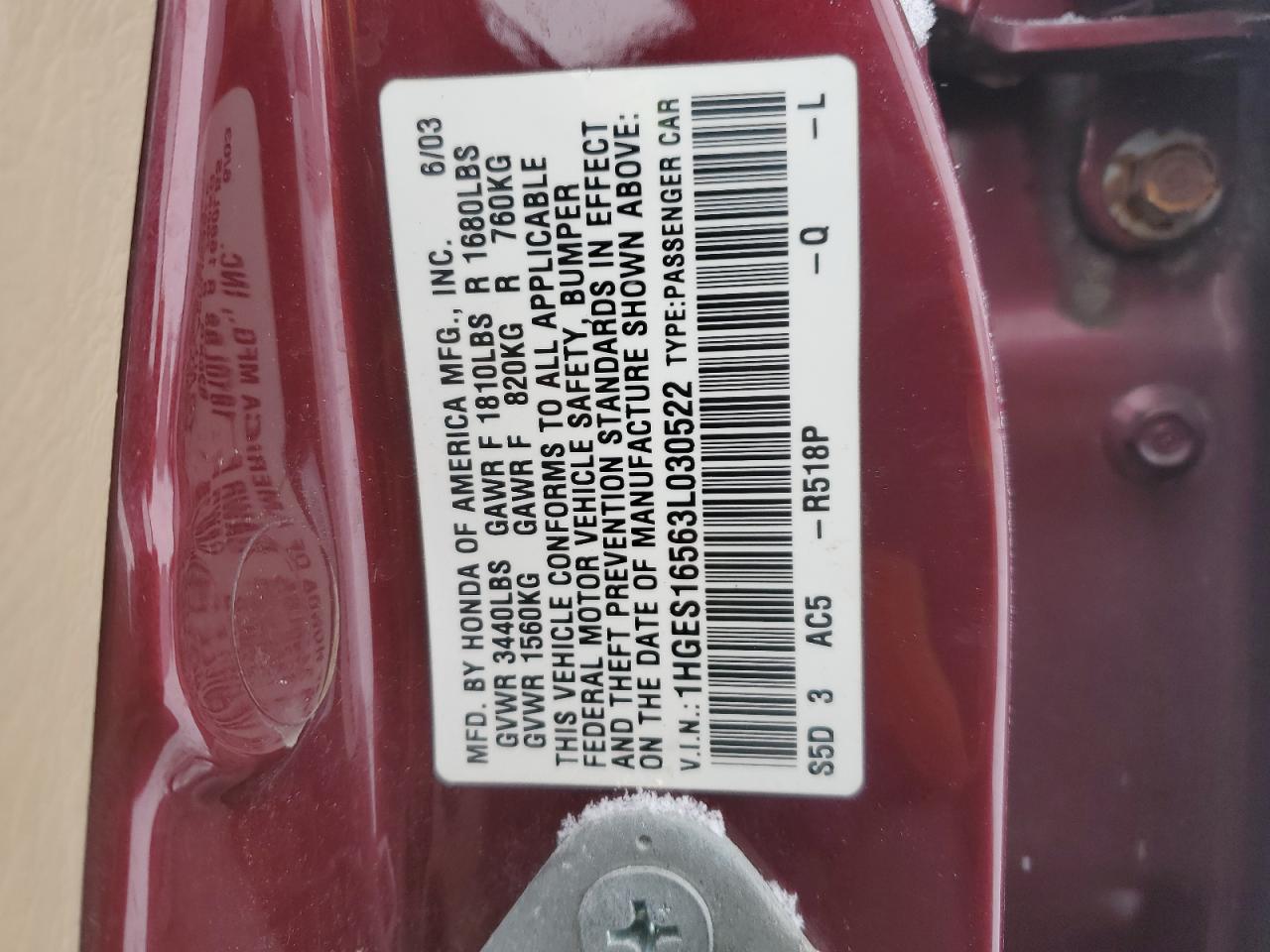 2003 Honda Civic Lx VIN: 1HGES16563L030522 Lot: 88924185