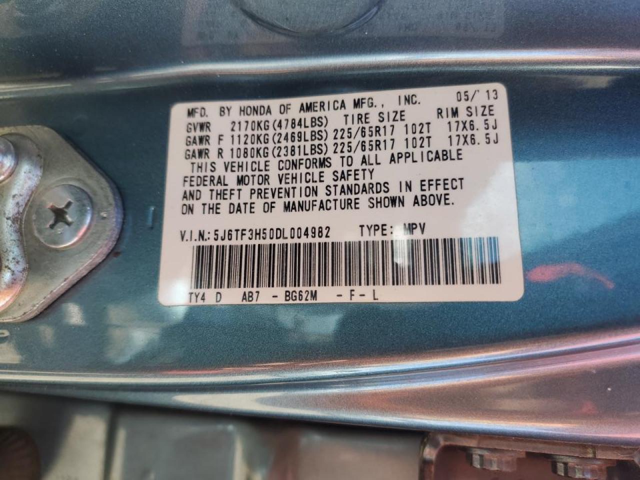 2013 Honda Crosstour Exl VIN: 5J6TF3H50DL004982 Lot: 88291345