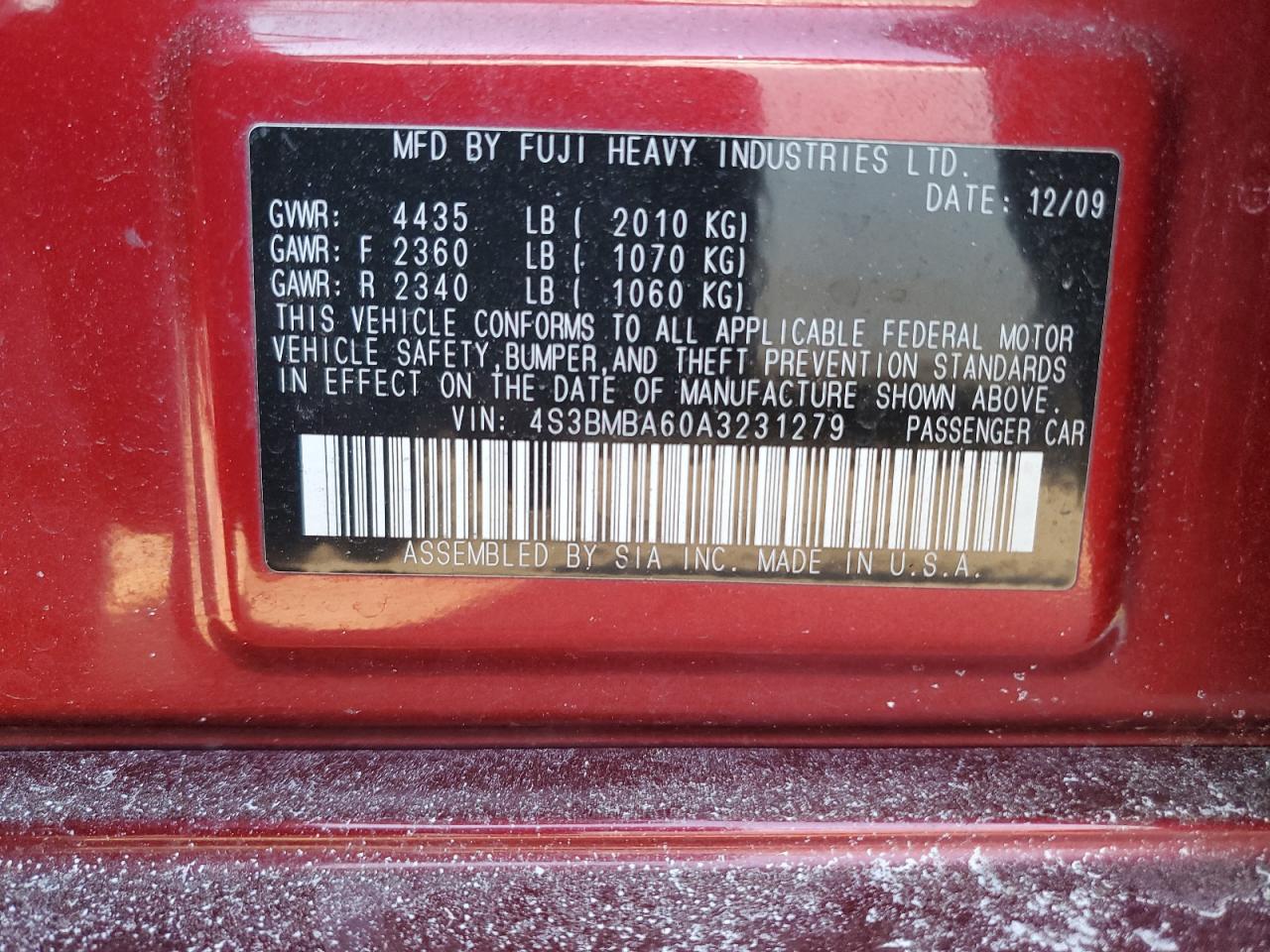 2010 Subaru Legacy 2.5I VIN: 4S3BMBA60A3231279 Lot: 41781665