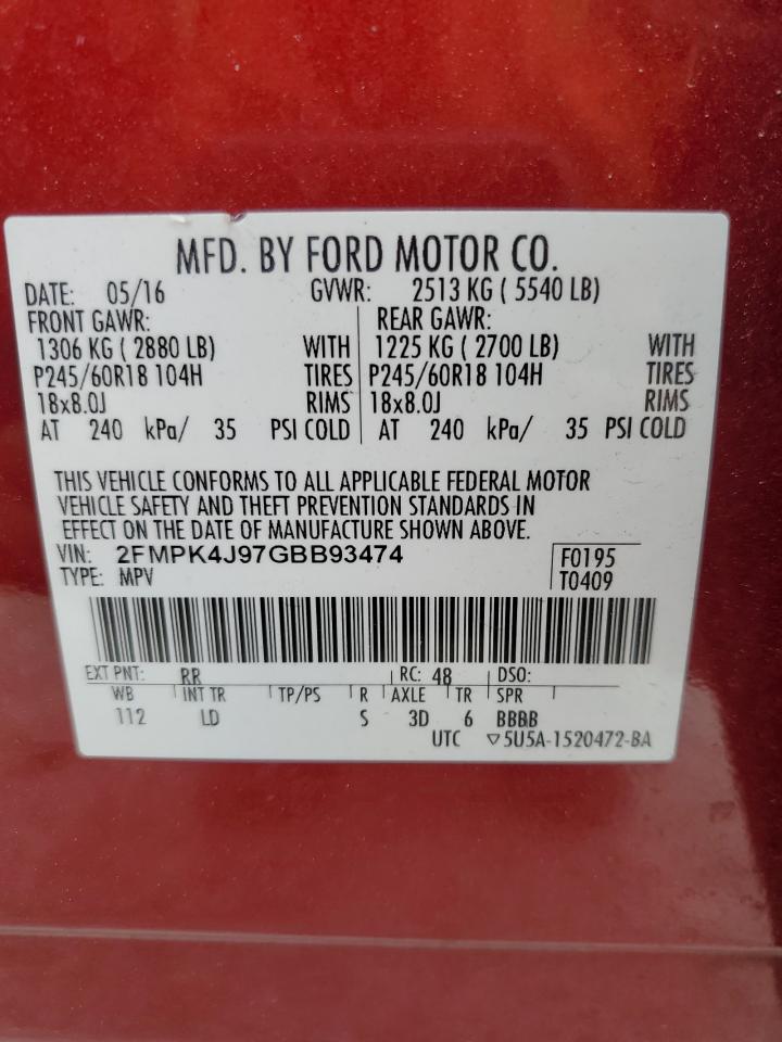 2016 Ford Edge Sel VIN: 2FMPK4J97GBB93474 Lot: 88621935