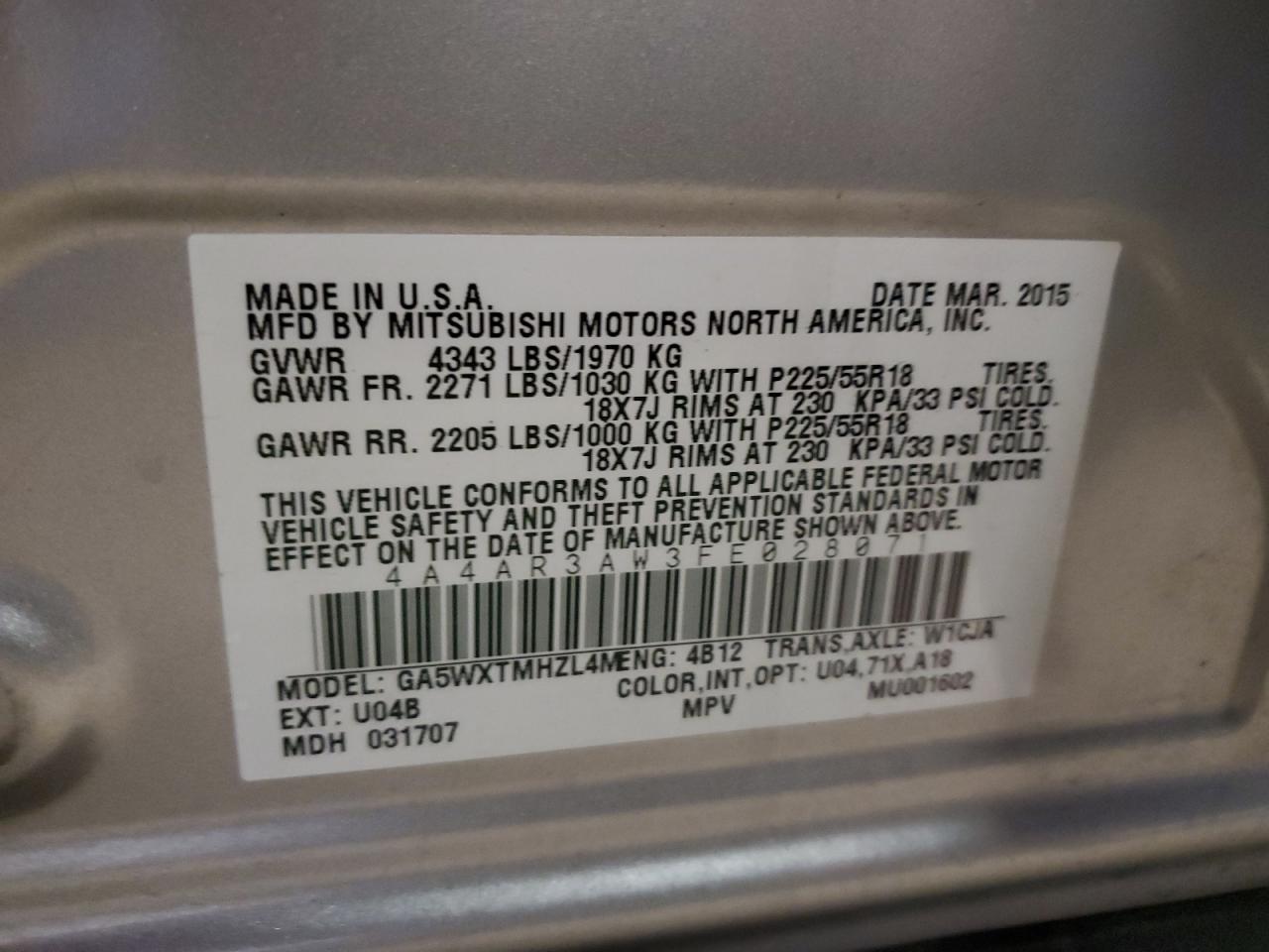 VIN 4A4AR3AW3FE028071 2015 MITSUBISHI OUTLANDER no.13