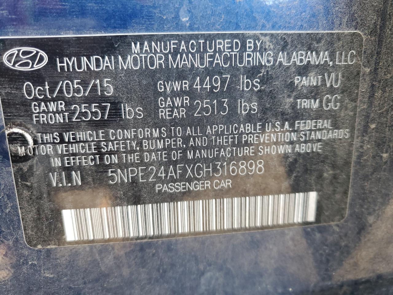 VIN 5NPE24AFXGH316898 2016 HYUNDAI SONATA no.12