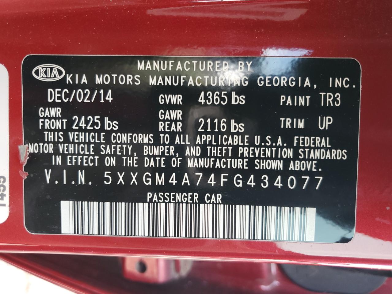 VIN 5XXGM4A74FG434077 2015 KIA OPTIMA no.12