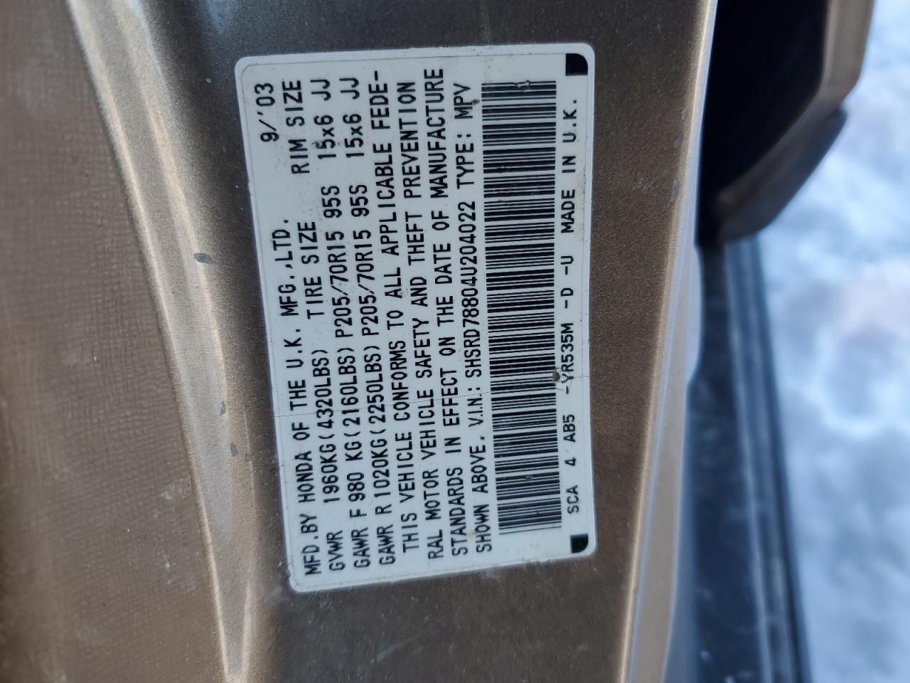 2004 Honda Cr-V Ex VIN: SHSRD78804U204022 Lot: 86240134