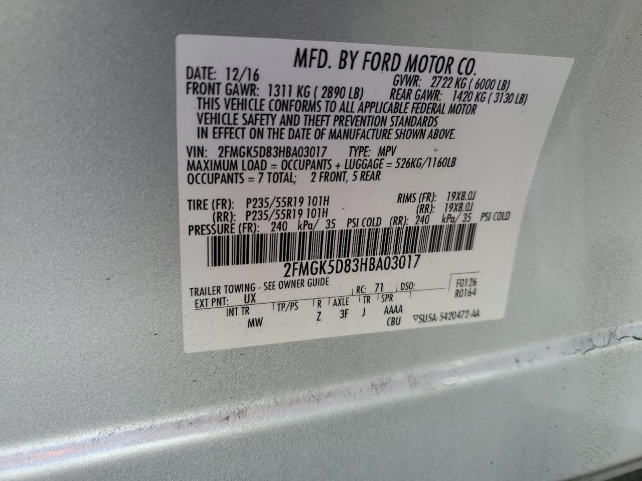 VIN 2FMGK5D83HBA03017 2017 FORD FLEX no.14