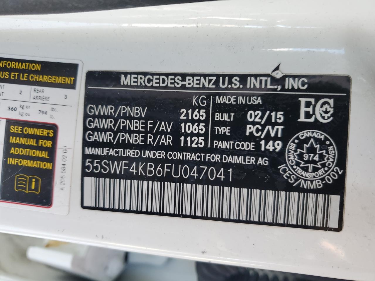 2015 Mercedes-Benz C 300 4Matic VIN: 55SWF4KB6FU047041 Lot: 88730815