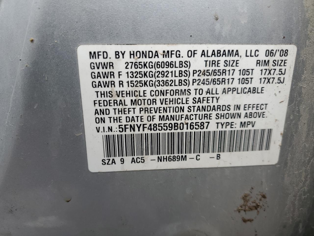 2009 Honda Pilot Exl VIN: 5FNYF48559D016587 Lot: 41526595