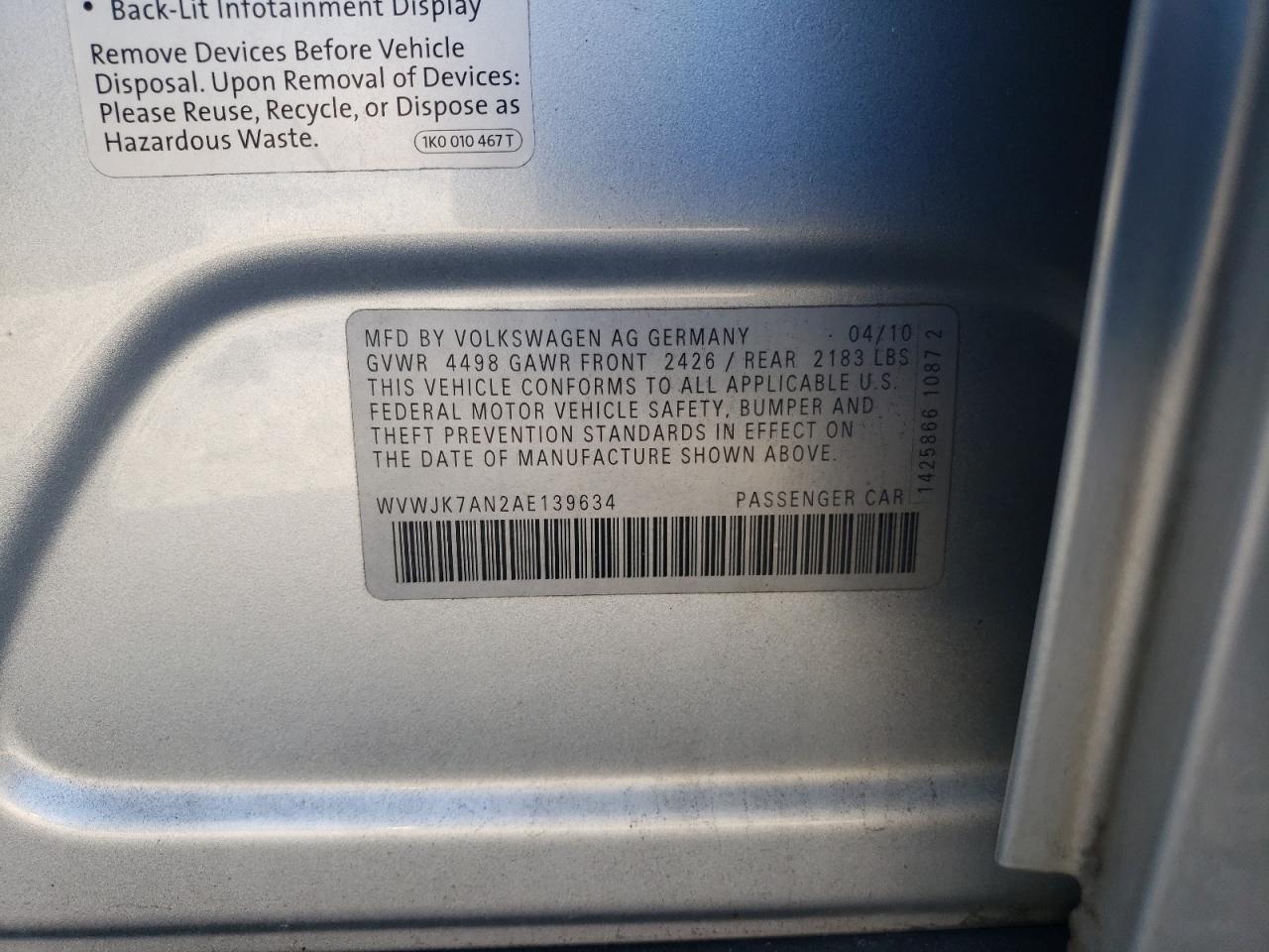 2010 Volkswagen Passat Komfort VIN: WVWJK7AN2AE139634 Lot: 90669155